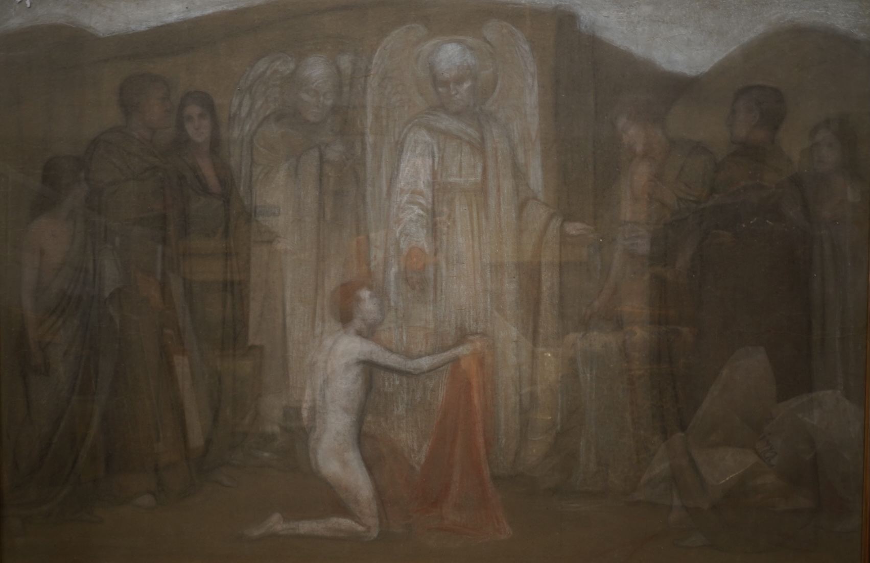 Pre-Raphaelite School , Two angels and attendant figures, conté crayon on buff paper, 82 x 122cm